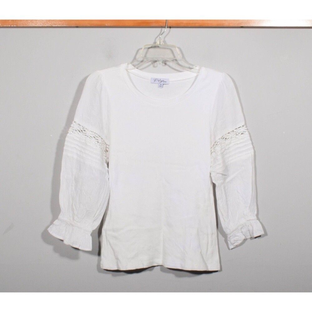Polagram White Ribbed Peasant Puff Sleeve Renaissance Boho Top Shirt Sz M